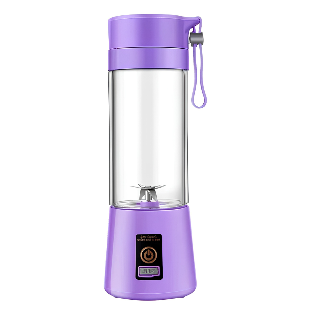 Purple cordless electric juicer bottle with stainless steel blade assembly