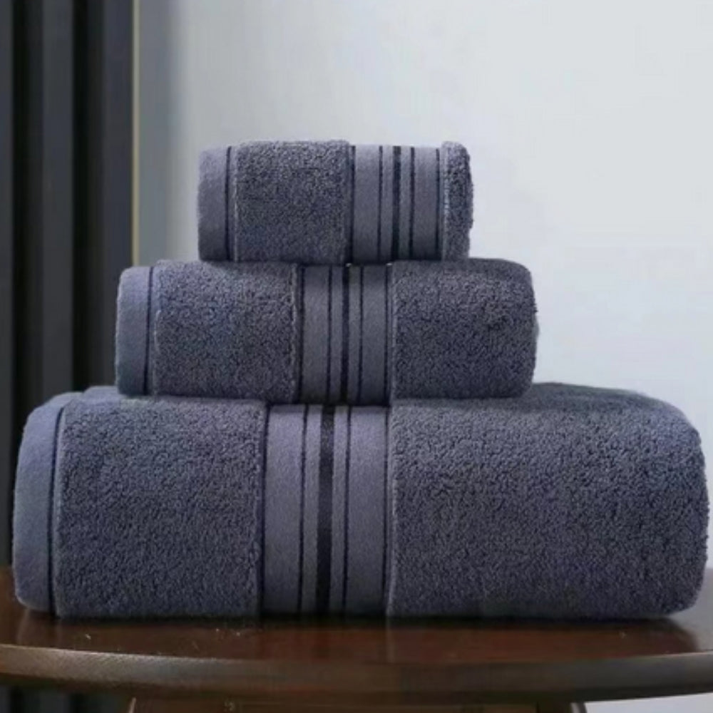 Dark gray 3-piece quick dry bath towel set with black vertical stripe accent