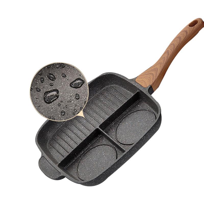 Close-up of divided egg and grill skillet showing water beading on nonstick granite coating