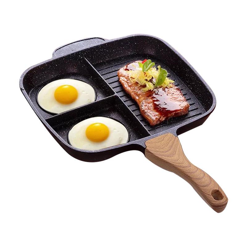 3-section nonstick granite breakfast pan with wood handle cooking eggs and grilled meat