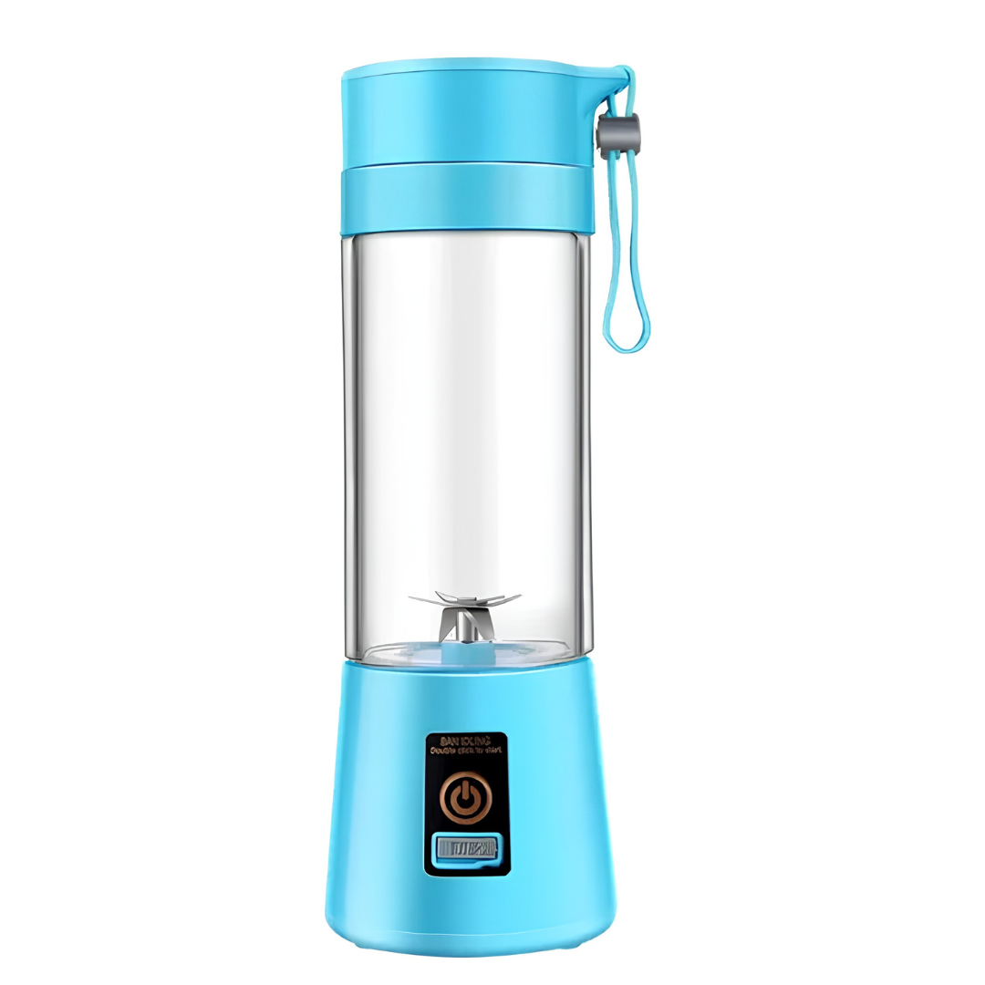 Light blue personal smoothie maker with digital display and stainless steel blades