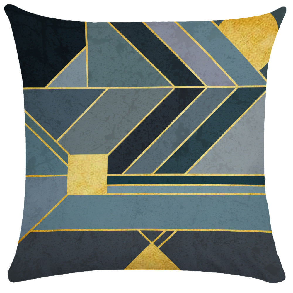 Charcoal gray distressed Art Deco pillow cover with bold blue-gray geometric lines