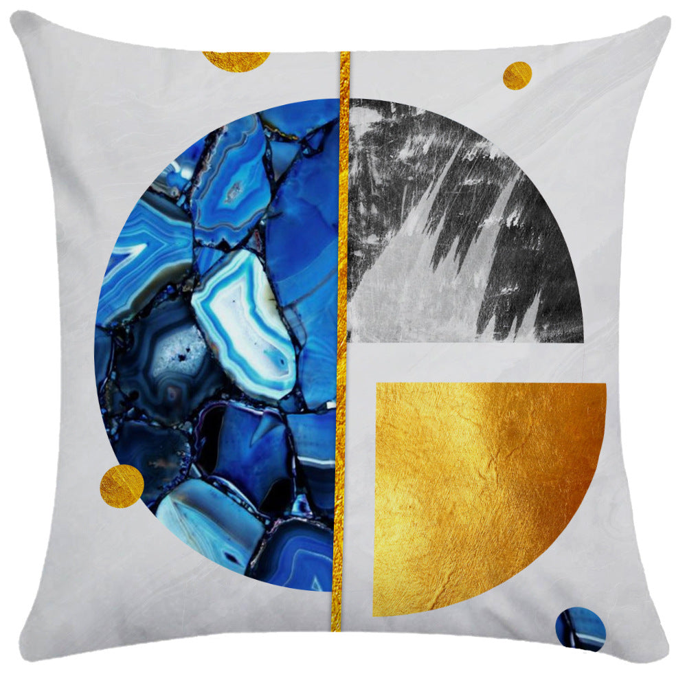 Blue agate stone and black brushstroke square pillow cover with vertical gold stripe
