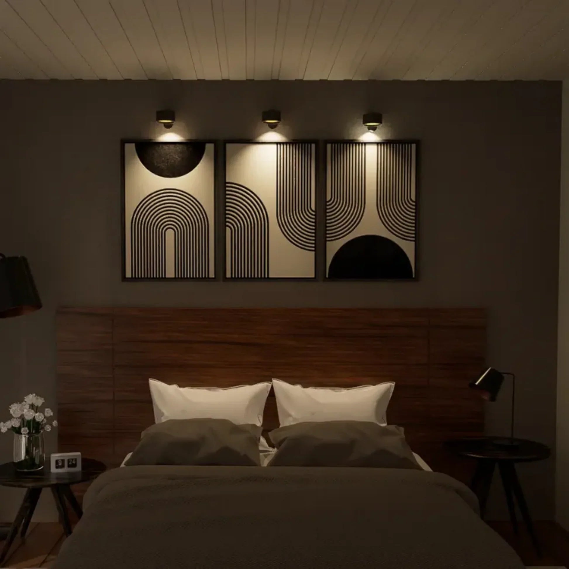 Set of three adhesive mount bedside lights illuminating bedroom artwork