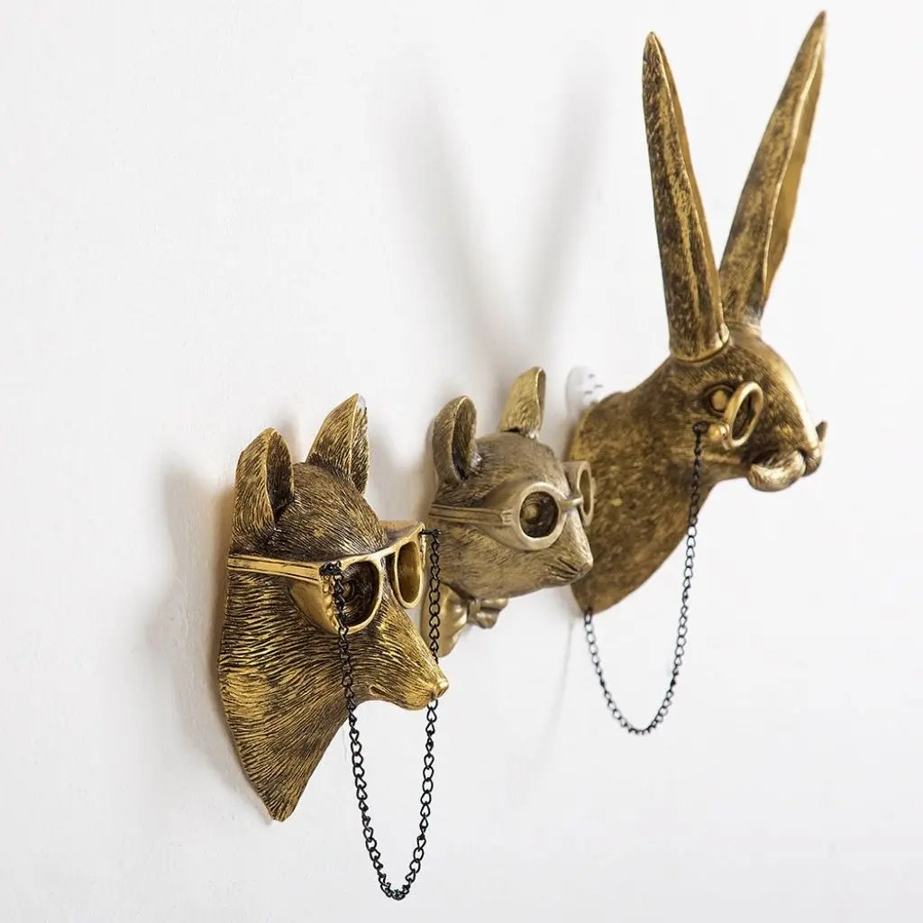 Fox mouse and rabbit head wall art trio with steampunk accessories