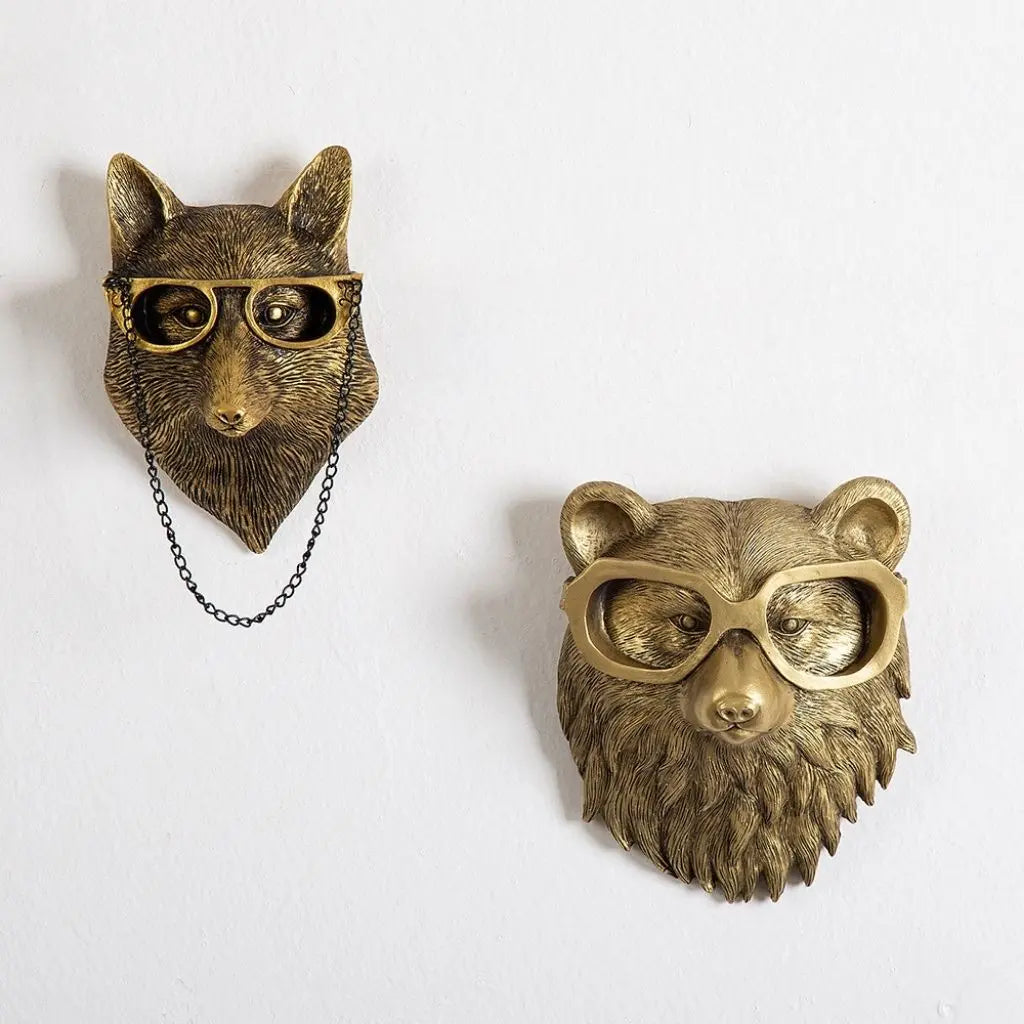 Fox and bear head wall decor set in antique gold resin with chain glasses