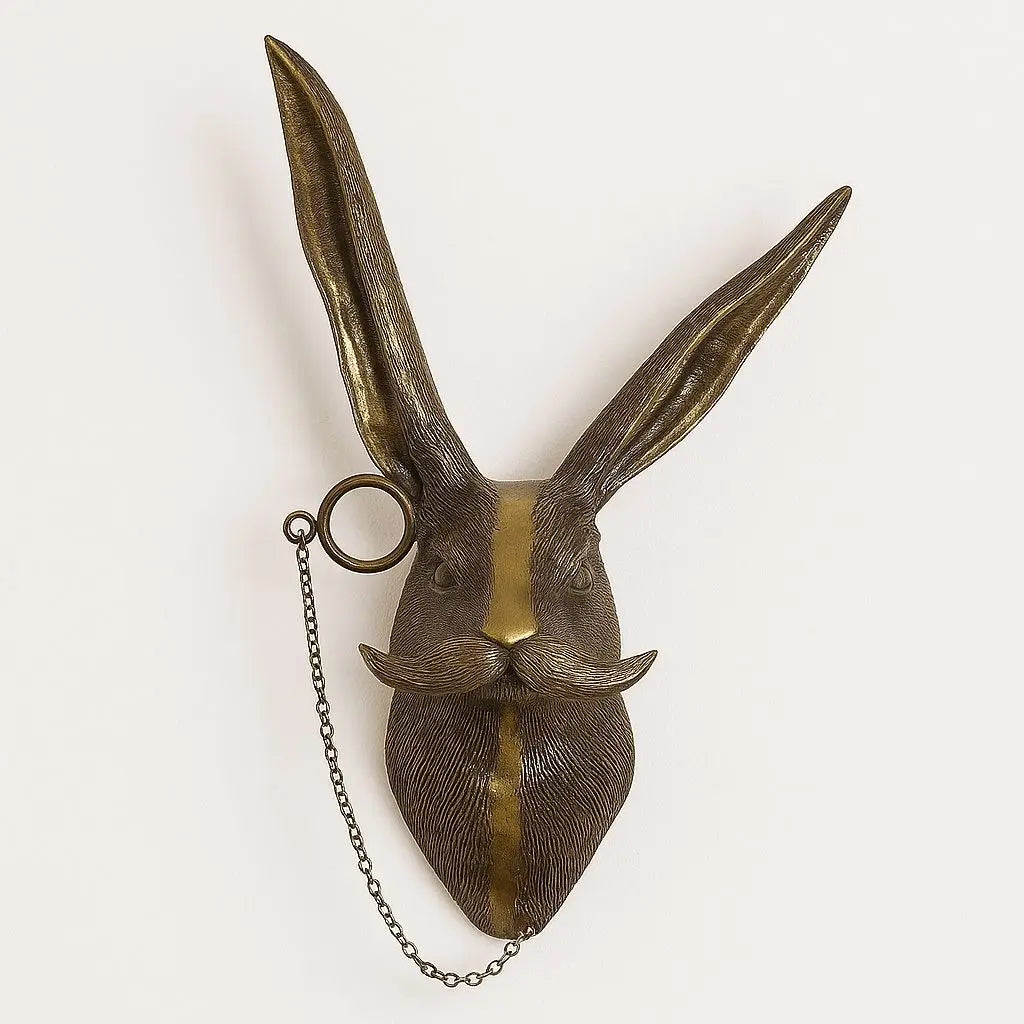 Antique gold rabbit head wall sculpture with monocle chain and mustache