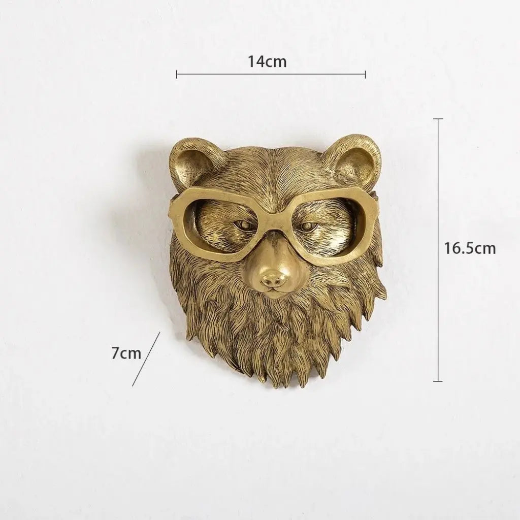 Bear head wall mount with oval glasses and measurement lines for size