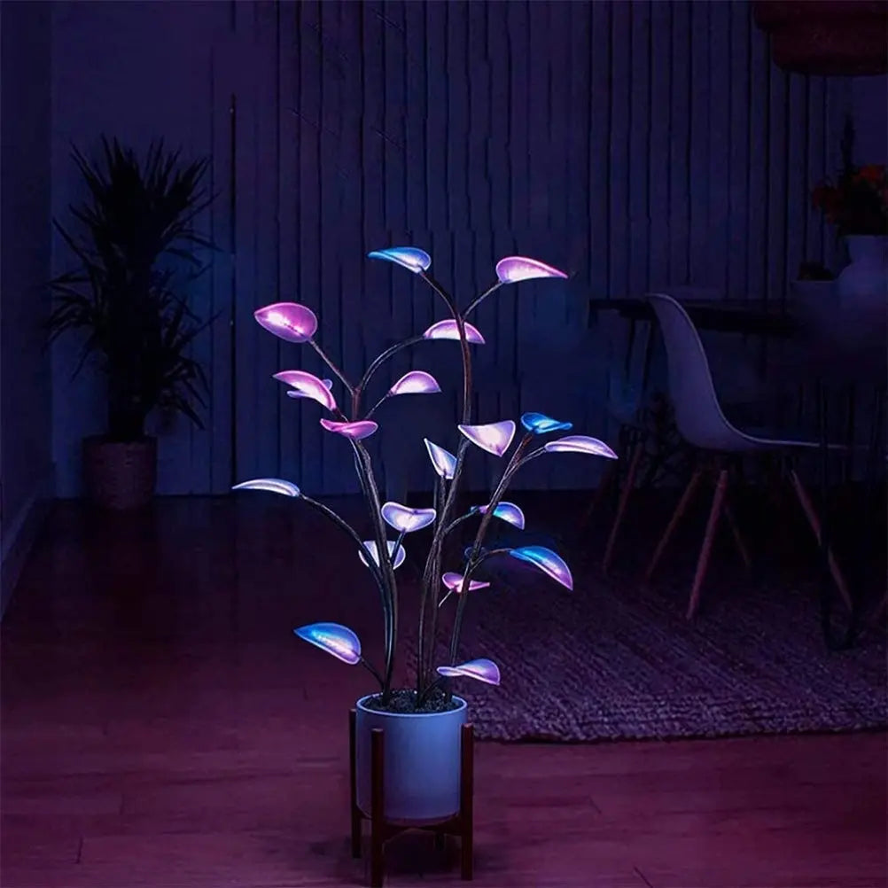 Purple blue mood lighting artificial plant floor lamp in gray ceramic pot