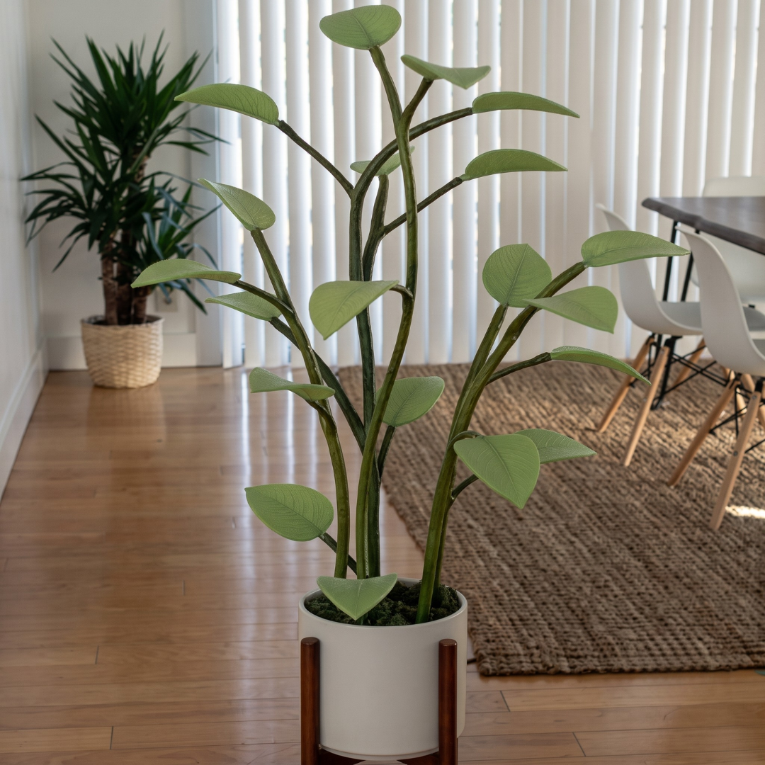 Unlit green artificial LED houseplant floor lamp in white ceramic pot