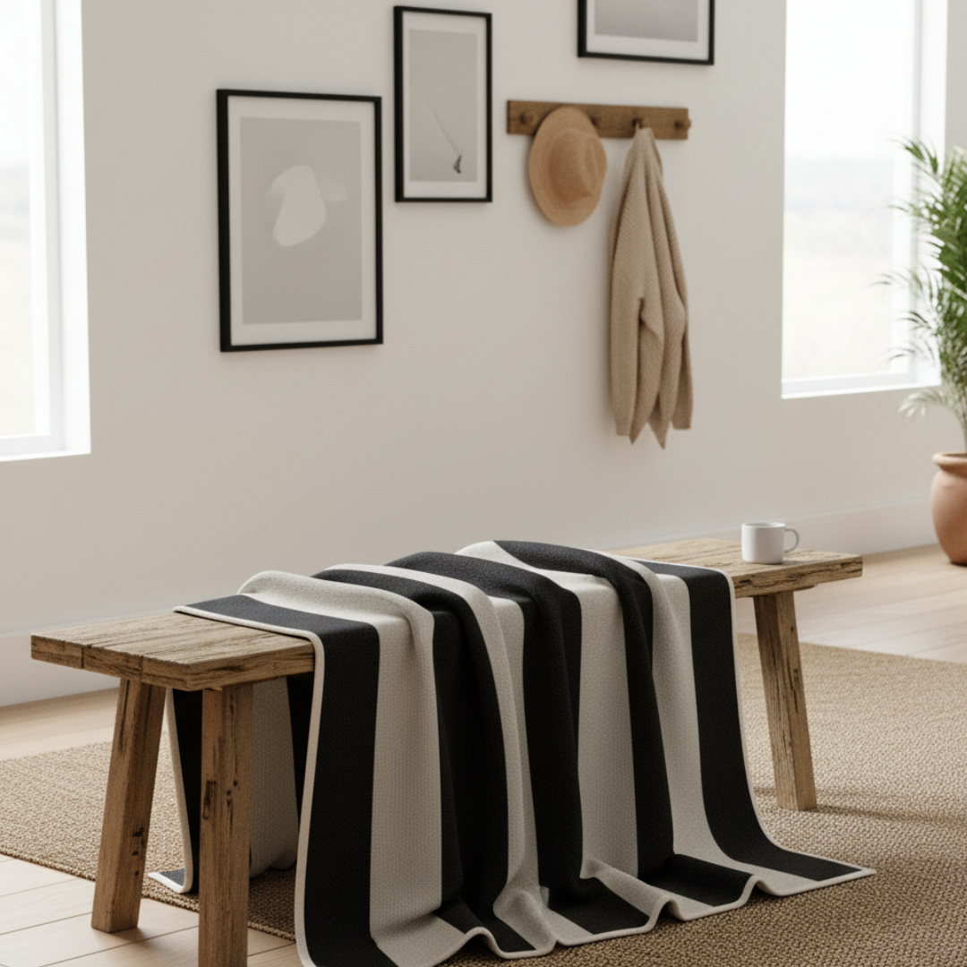 BOB Modern Striped Cotton-Wool Blanket - Reversible Black & White Wide Stripe Throw - Soft Velvet Texture