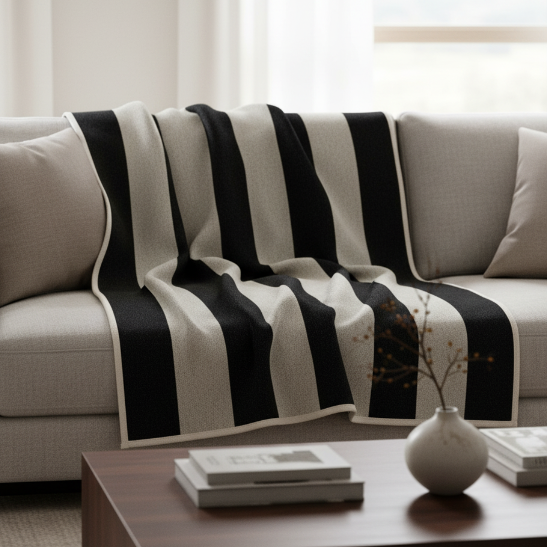 BOB Modern Striped Cotton-Wool Blanket - Reversible Black & White Wide Stripe Throw - Soft Velvet Texture