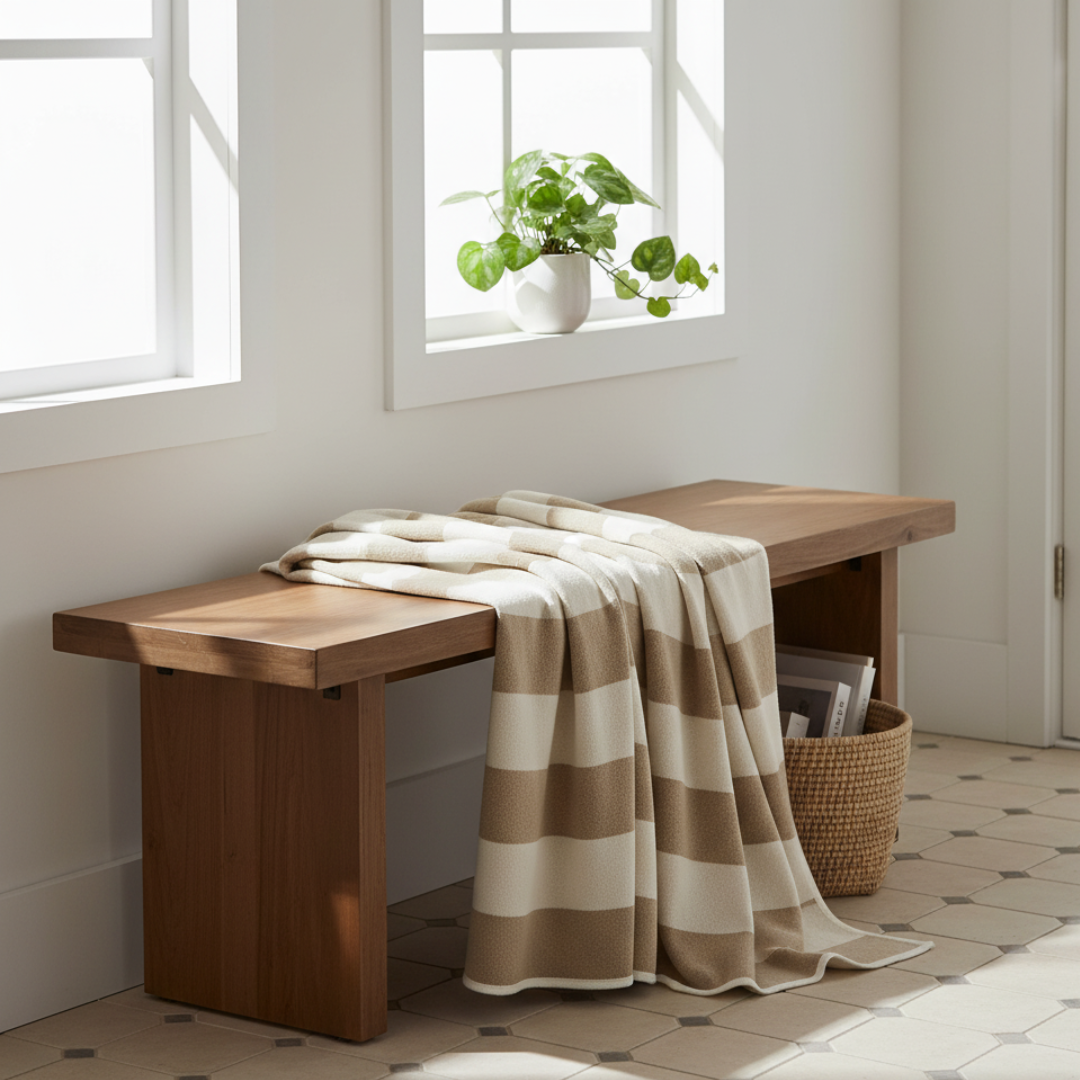 BOB Striped Cotton-Wool Blanket – 90x120cm Mud Beige Velvet-Texture Throw