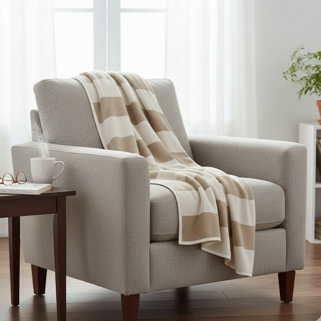 BOB Striped Cotton-Wool Blanket – 90x120cm Mud Beige Velvet-Texture Throw