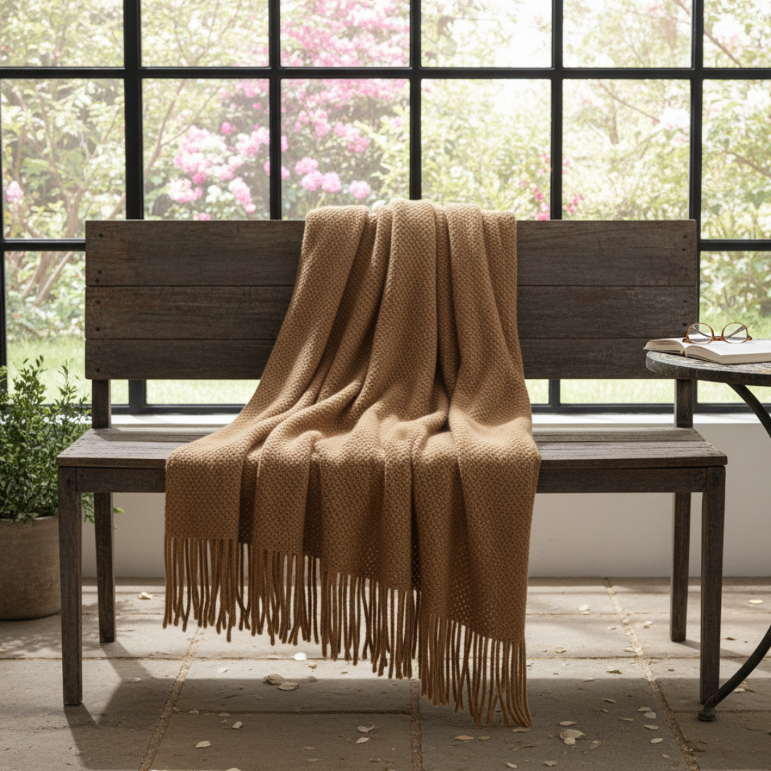 Battilo Open Knit Basketweave Blanket - Soft Lightweight Decorative Throw with Unbraided Fringe Edges