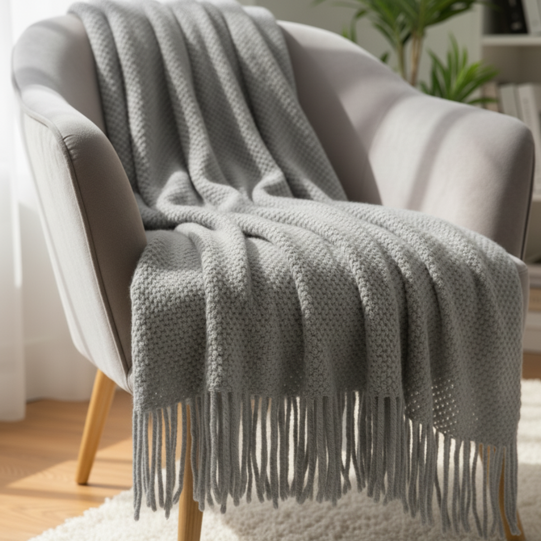 Battilo Open Knit Basketweave Blanket - Soft Lightweight Decorative Throw with Unbraided Fringe Edges
