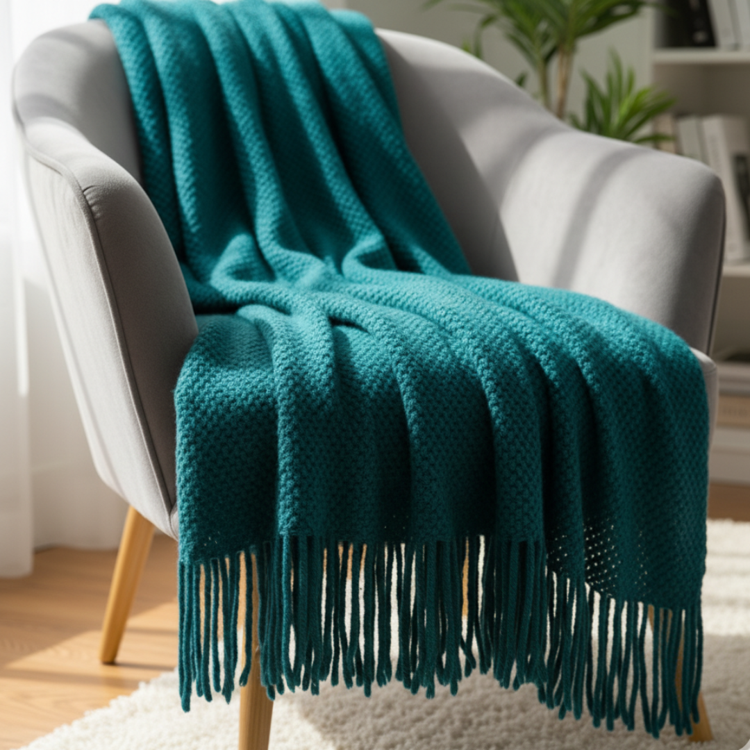Battilo Open Knit Basketweave Blanket - Soft Lightweight Decorative Throw with Unbraided Fringe Edges