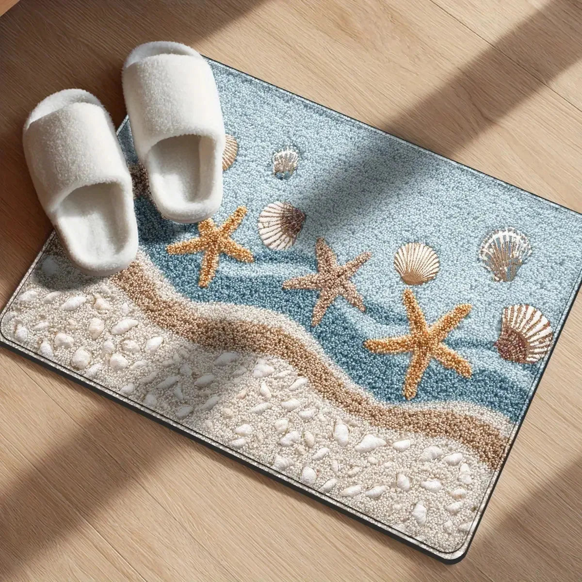 Plush absorbent shower mat with nautical starfish and shell pattern