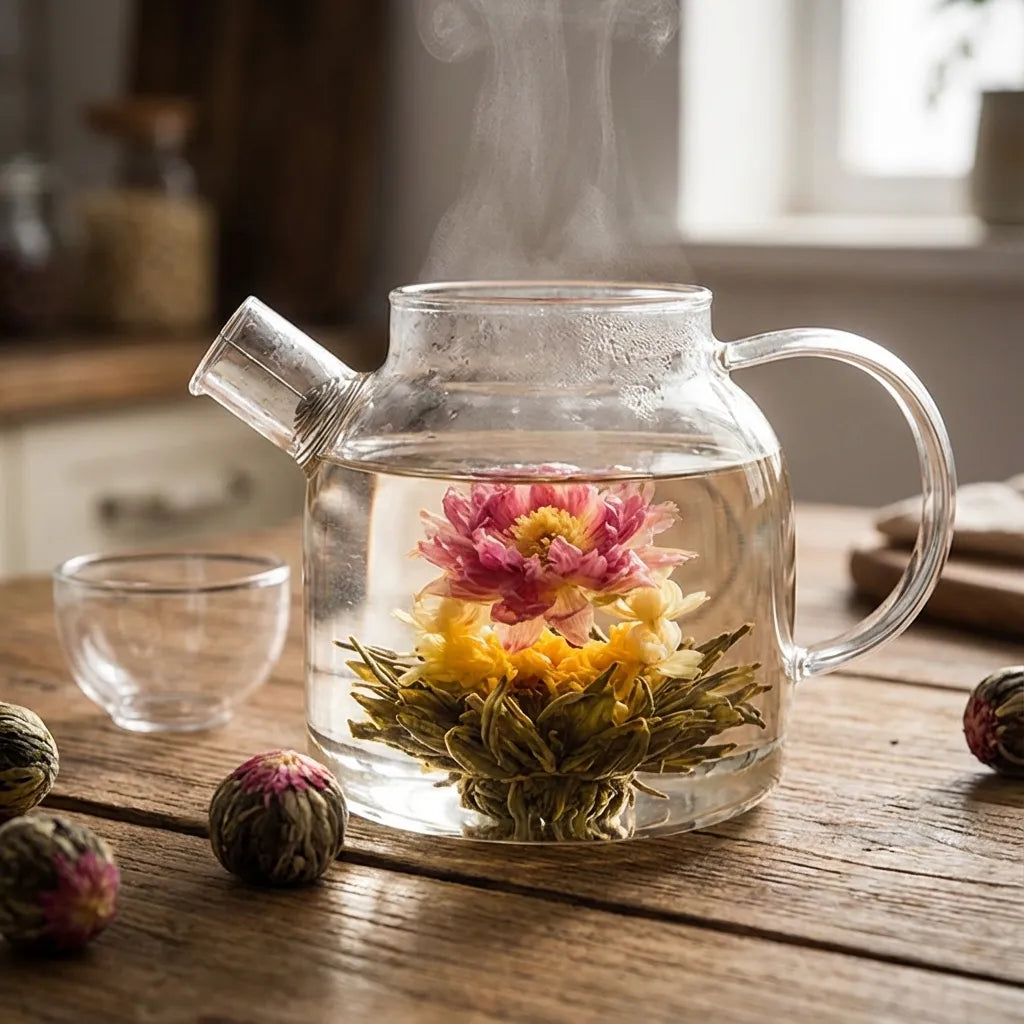 Blooming flower tea ball unfurling in glass teapot with pink yellow petals