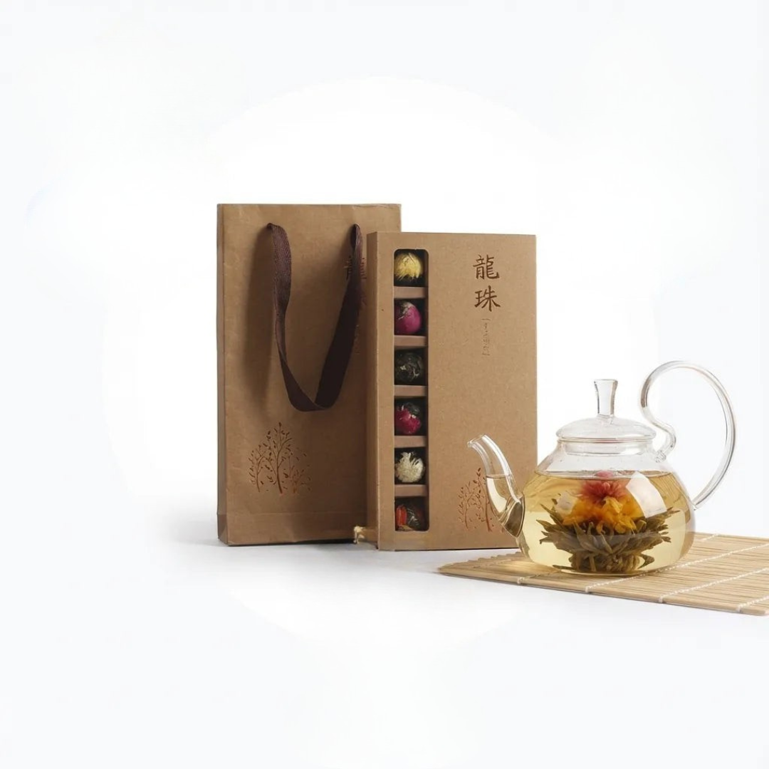 Pu-erh dragon ball tea gift set in kraft box with glass teapot