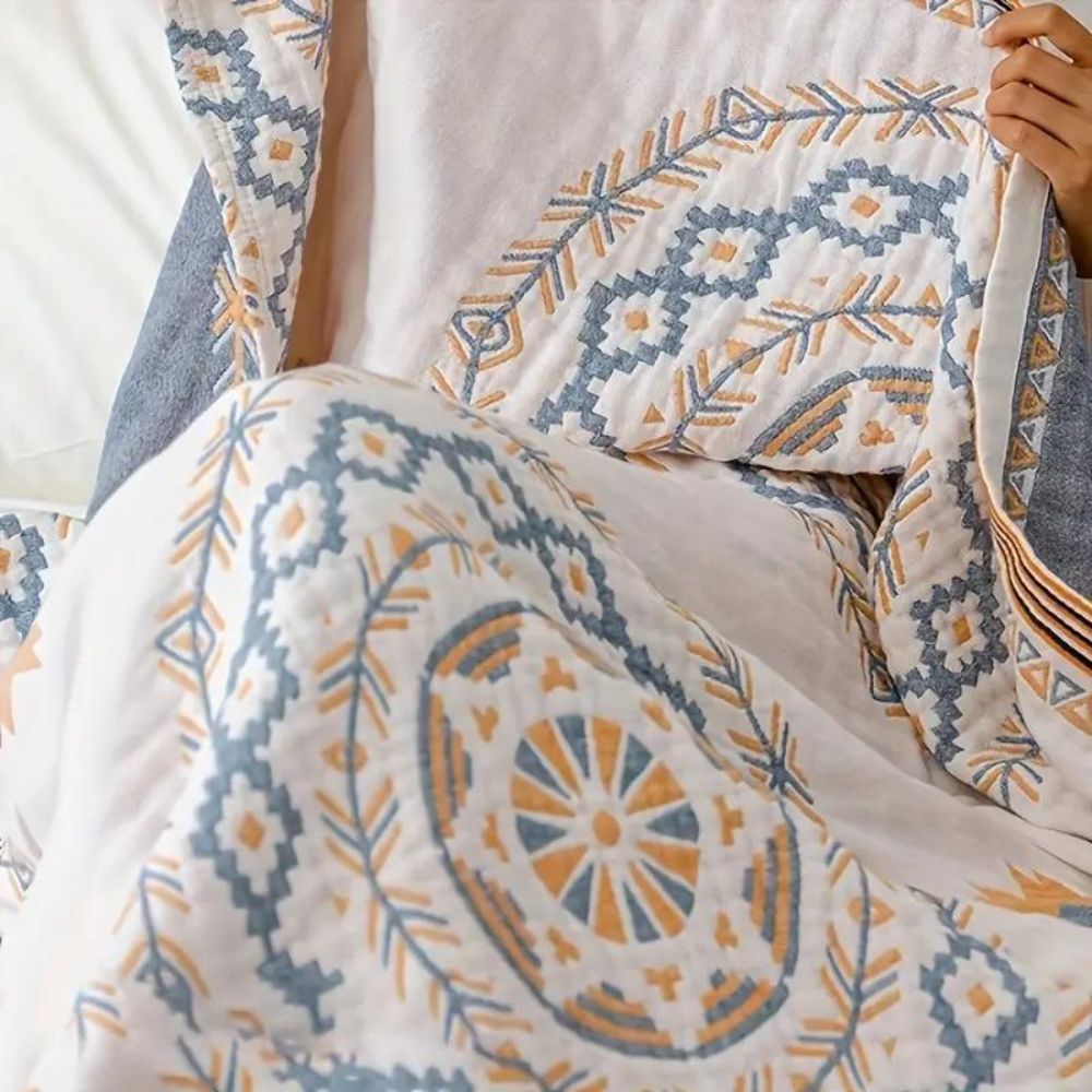 Detailed close-up of blue and orange mandala medallion pattern