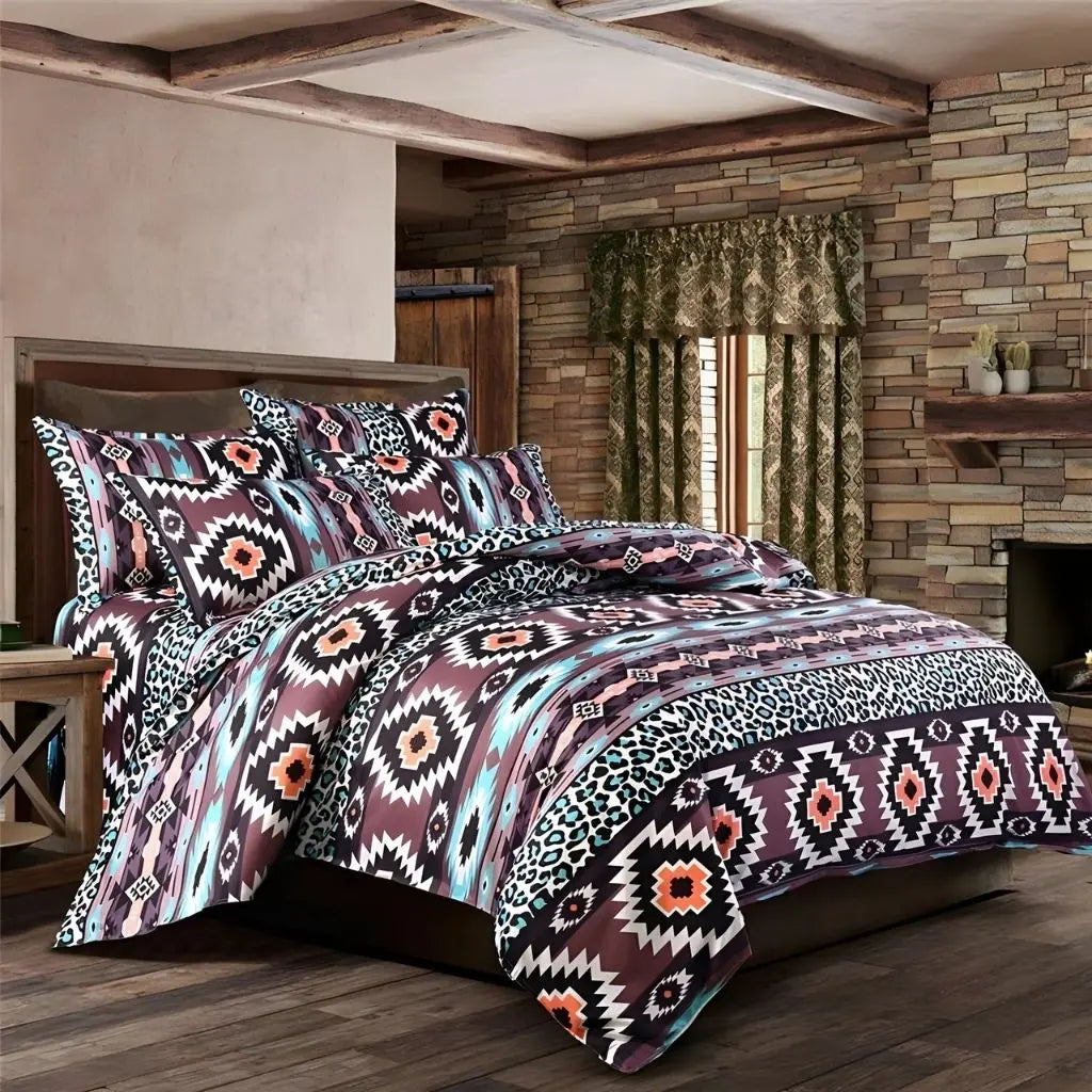Purple black white geometric medallion duvet cover set with leopard print accents
