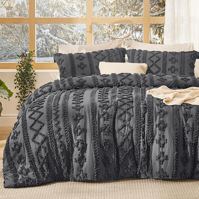 Dark gray tufted duvet cover set with geometric diamond motifs