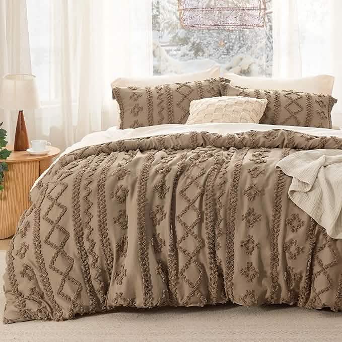 Taupe textured duvet cover set with vine and diamond embroidery