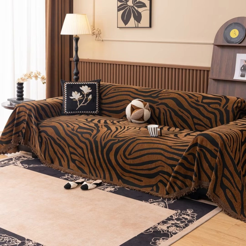 Bold Chenille Zebra Sofa Cover – Stylish Protection with Soft Texture and Tasselled Edges 0