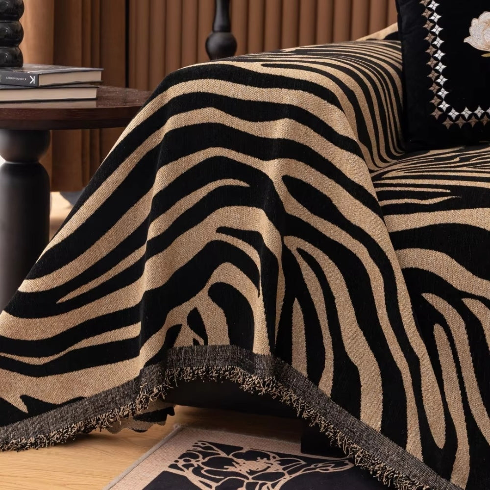 Bold Chenille Zebra Sofa Cover – Stylish Protection with Soft Texture and Tasselled Edges 8
