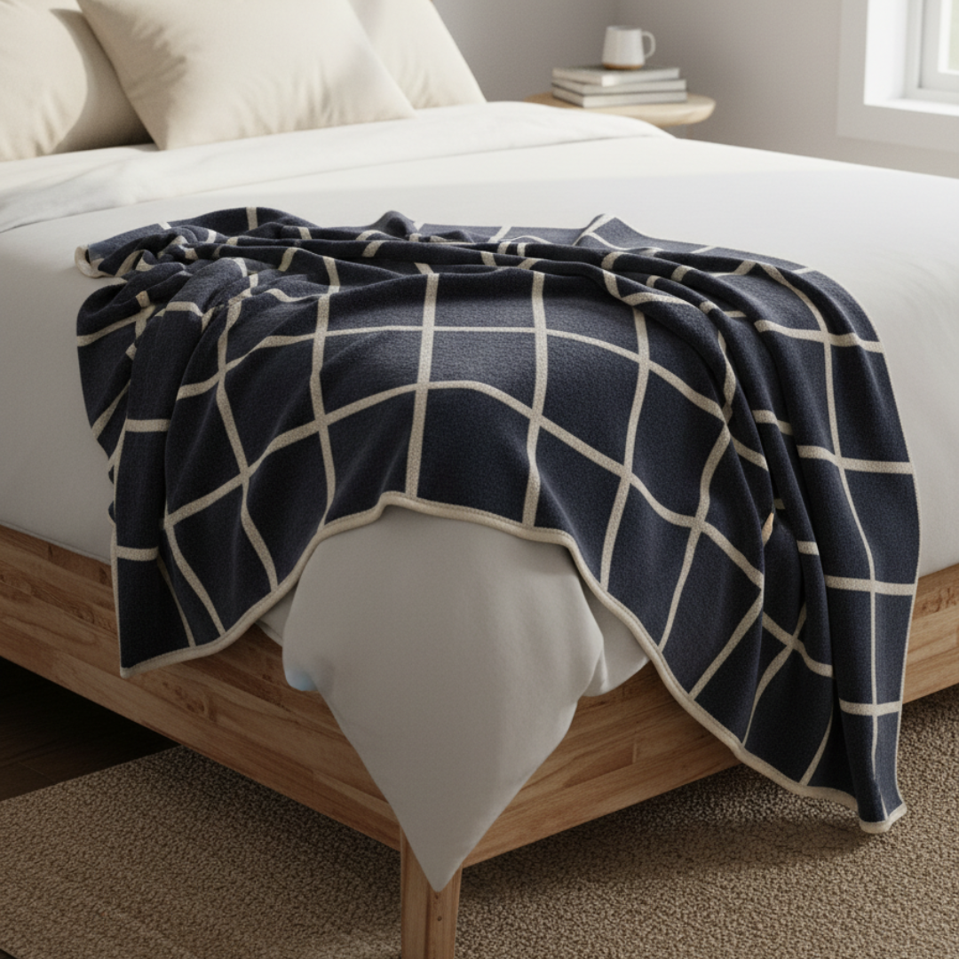 CRISS Lambswool & Cotton Chenille Blanket - 140x200cm Dark Blue Grid Throw