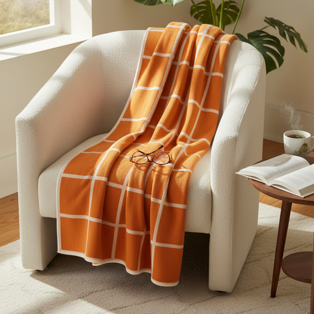 CRISS Lambswool & Cotton Chenille Blanket – 140x200cm Pale Orange Grid Throw