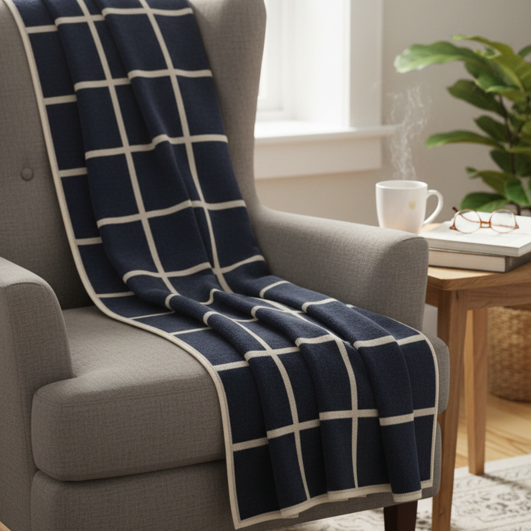 CRISS Lambswool & Cotton Chenille Blanket - 140x200cm Dark Blue Grid Throw