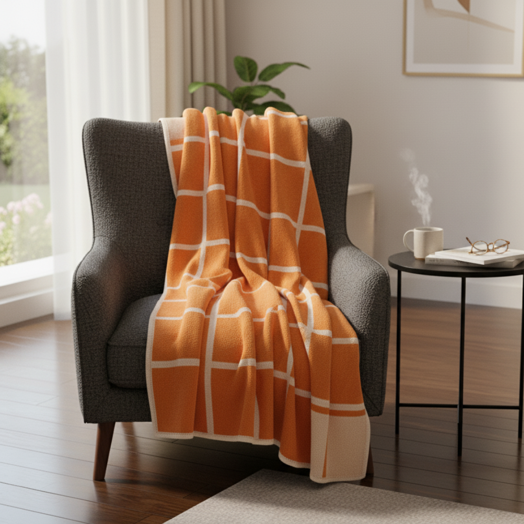 CRISS Lambswool & Cotton Chenille Blanket – 140x200cm Pale Orange Grid Throw