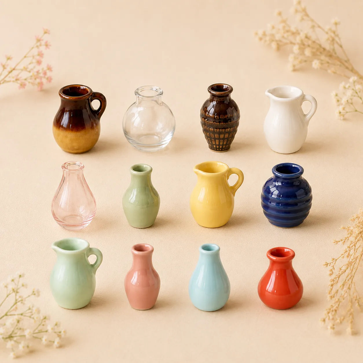 assorted mini ceramic vase magnets in brown, blue, yellow, and pink with glossy finish