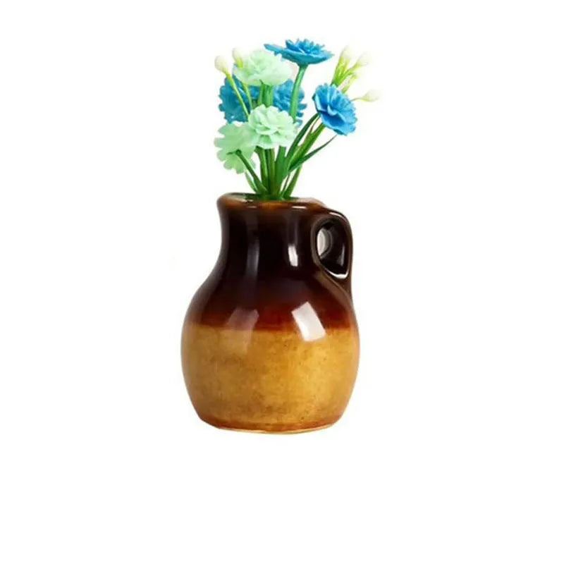 brown gradient glazed ceramic magnet vase with side handle and mixed flowers