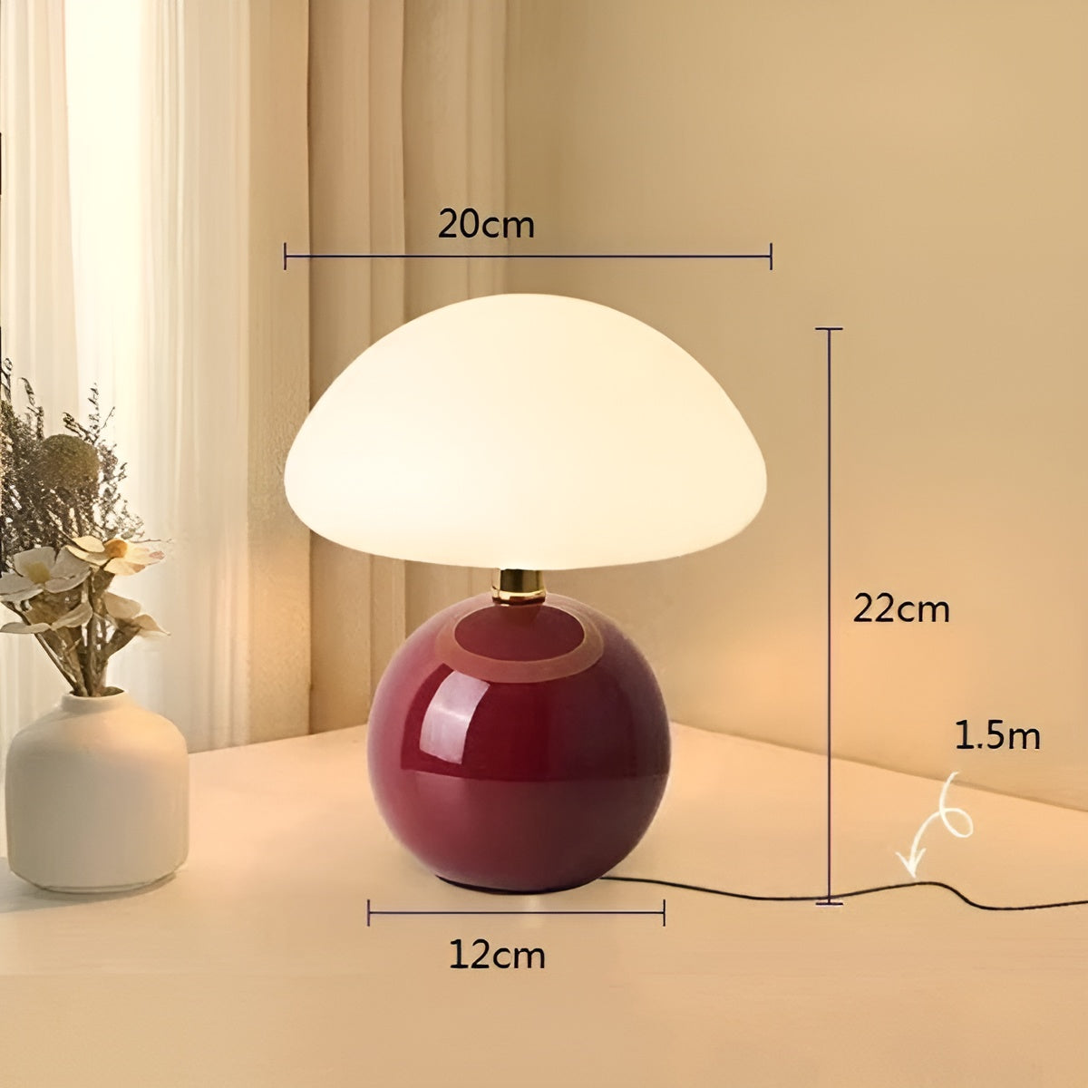 Burgundy table lamp with dimensions overlay showing 22cm height
