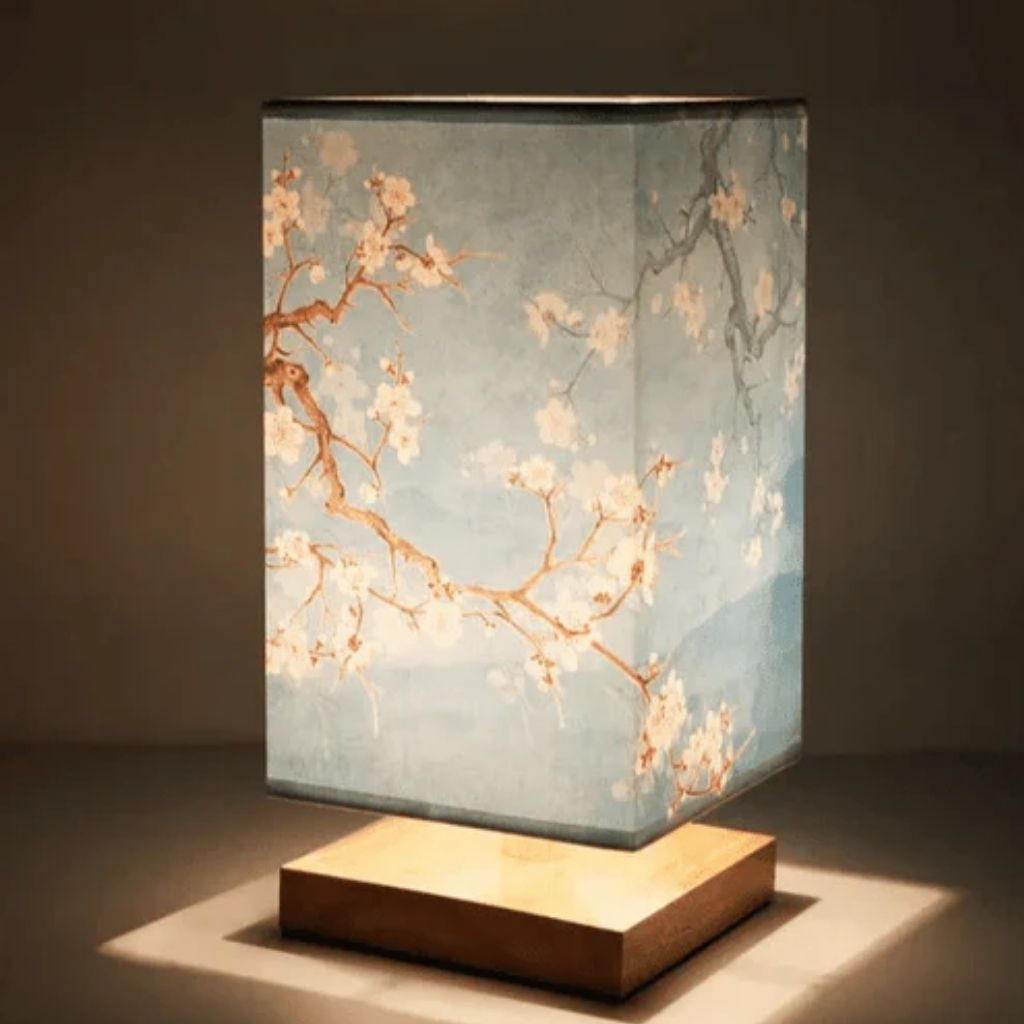 Pale Blue Cherry Blossom Fabric Shade Lamp with curved branches and wooden block base