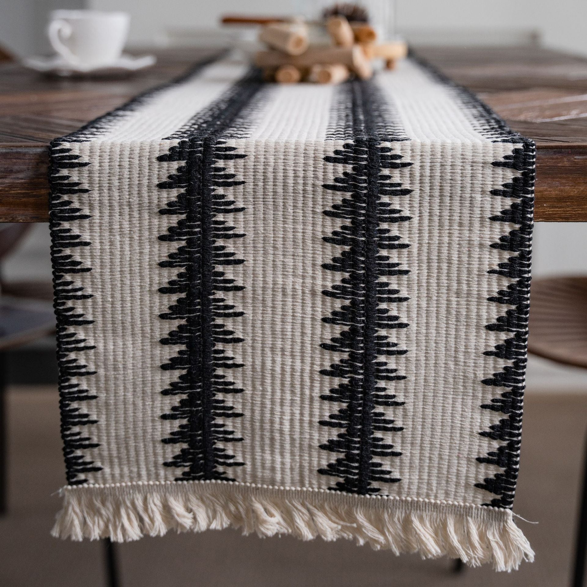 Christmas Table Runner – Elegant Black and White Pine Tree Design in Durable Cotton Blend 1