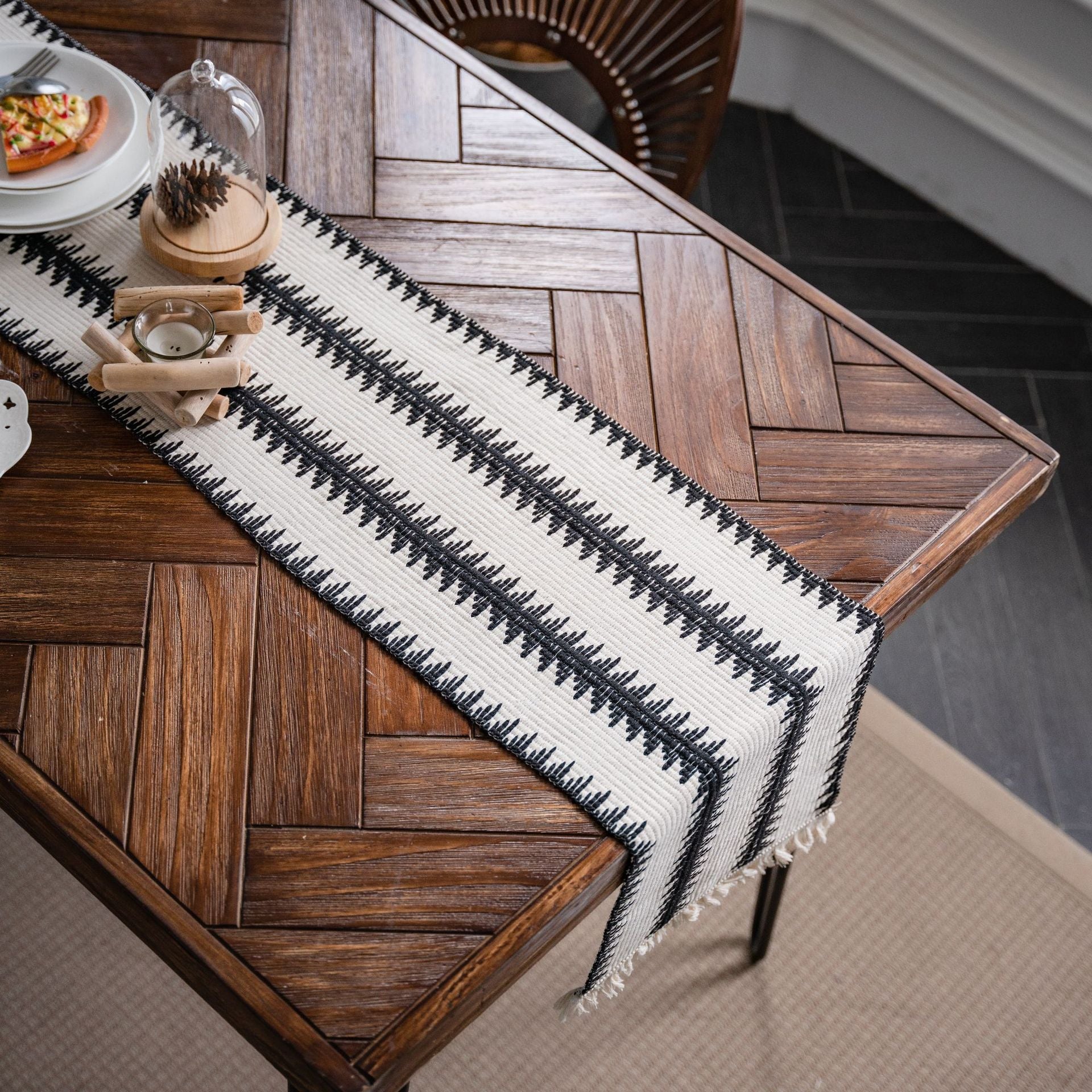Christmas Table Runner – Elegant Black and White Pine Tree Design in Durable Cotton Blend 3