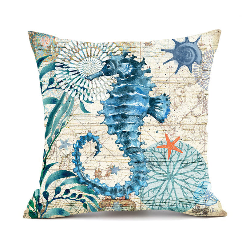 Watercolor seahorse vintage map throw pillow cover in linen cotton