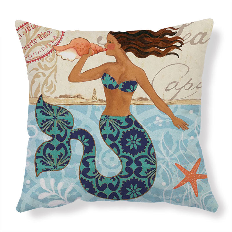 Mermaid blowing conch shell Puerto Rico stamp throw pillow cover