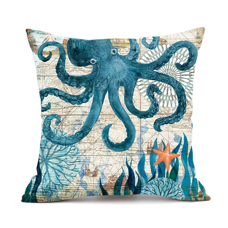 Blue octopus nautical chart throw pillow cover with woven texture