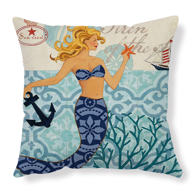 Mermaid holding starfish anchor tile pattern throw pillow cover