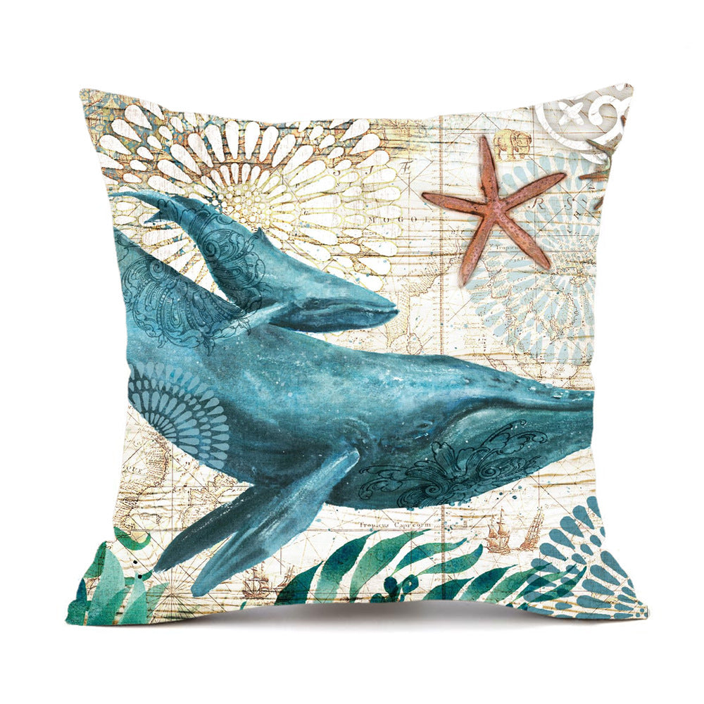 Ornamental blue whale profile pillow cover with starfish accent