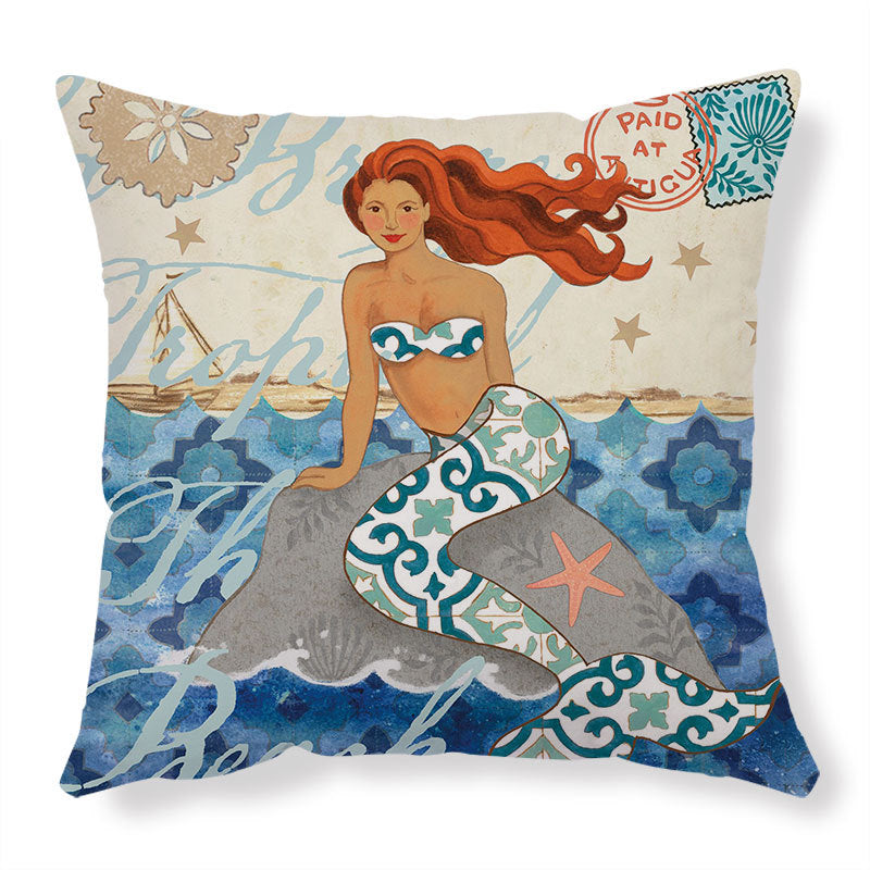 Red hair mermaid with geometric tail tropical beach pillow cover