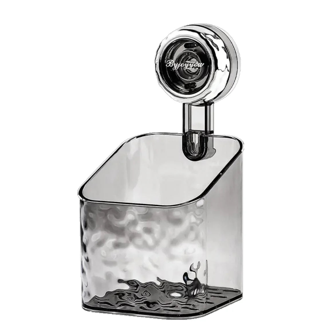 Smoked grey square shower basket with angled edge and Byjoyyou branding