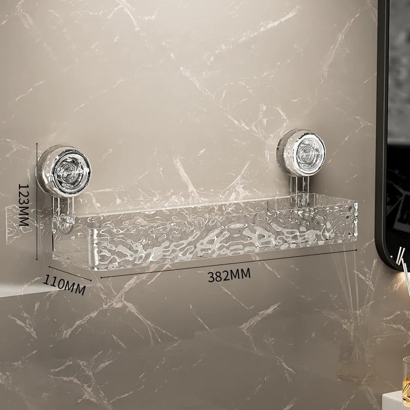 Smoked grey corner shower shelf with wavy texture and chrome suction cups