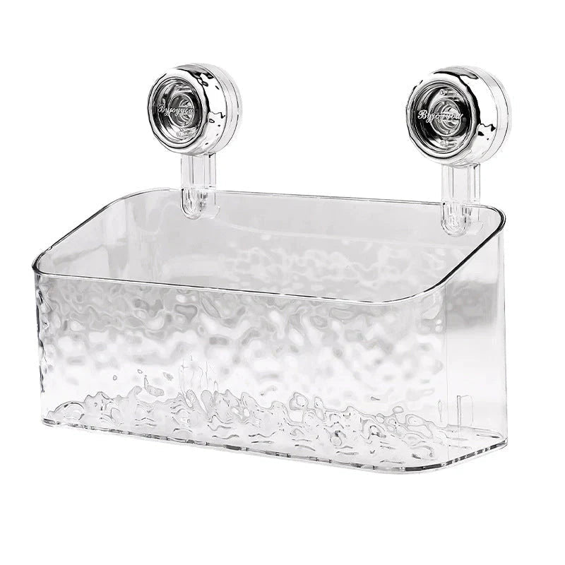 Clear acrylic shower shelf with rounded edges and engraved suction cups