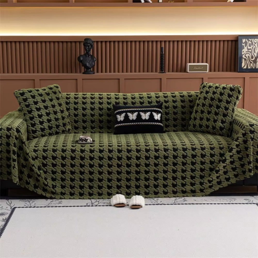 Cozy Plush Sofa Cover – Classic Houndstooth Design with Non-Slip Backing 1